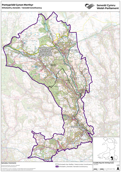 A map showing the new Senedd constituency of Pontypridd Cynon Merthyr, a combination of the UK Parliament constituencies of Merthyr Tydfil and Aberdare and Pontypridd.