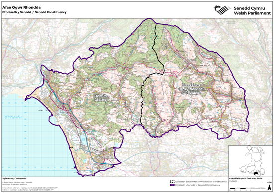 A map showing the new Senedd constituency of Afan Ogwr Rhondda, a combination of the UK Parliament constituencies of Aberafan Maesteg and Rhondda and Ogmore.