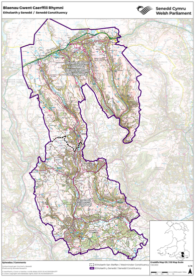 A map showing the new Senedd constituency of Blaenau Gwent Caerffili Rhymni, a combination of the UK Parliament constituencies of Blaenau Gwent and Rhymney and Caerphilly.