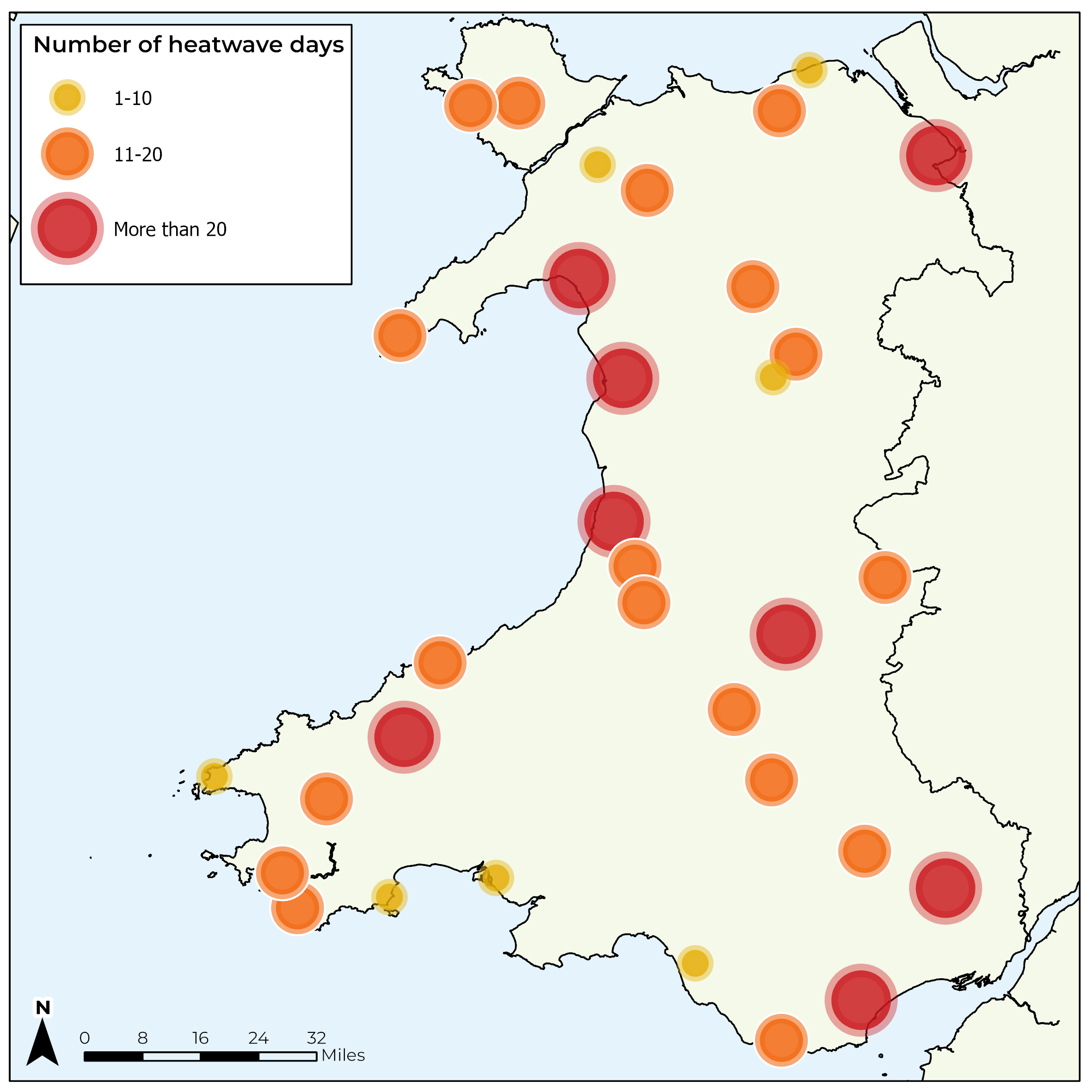 A map of Wales showing the number of heatwave days recorded at weather stations during 2026, up to the end of July. Most stations have recorded more than 10 days of heatwave, with lower values generally in upland areas and the coastal southwest and northwest.