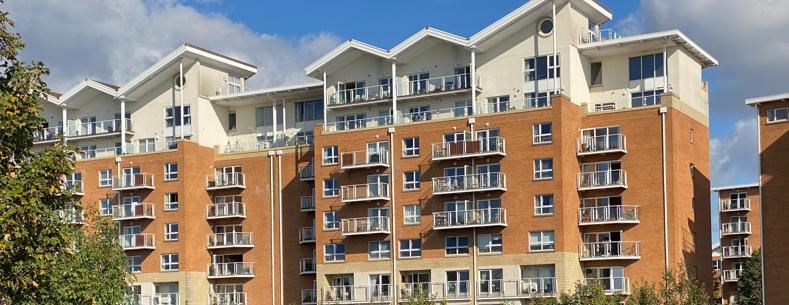 Image of a row of high-rise residential buildings, with a river and bushes in the foreground.
