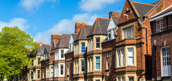 Row of traditional brick houses on a sunny day, with blue sky and a tree to the left