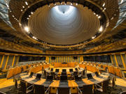 The Senedd chamber from inside looking up to the light outside.