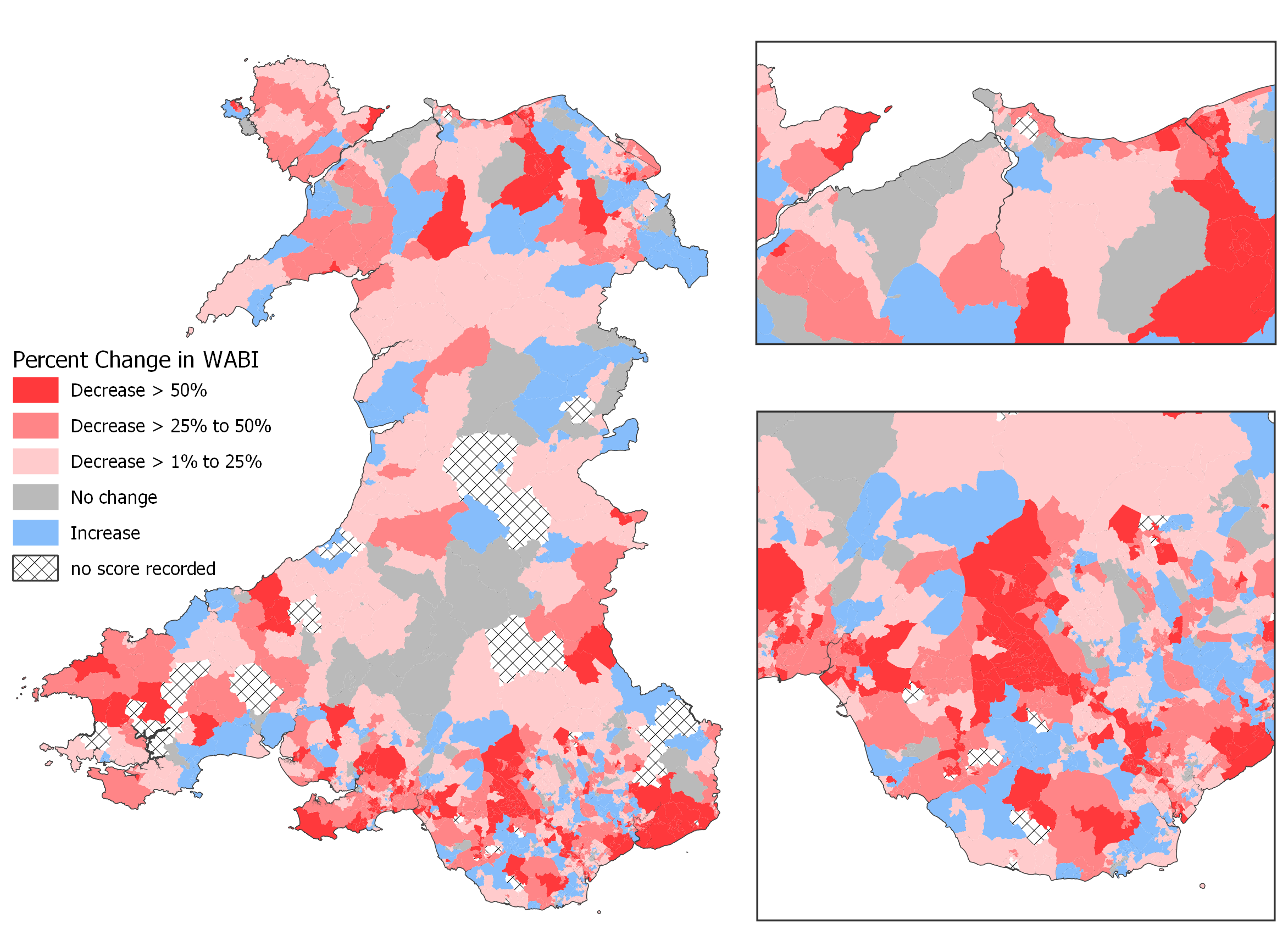 Two maps showing changes in the Welsh Access to Bus Indicator score for weekday services between August 2019 and August 2021. The top map shows the absolute score differences, the lower map the percentage change.
