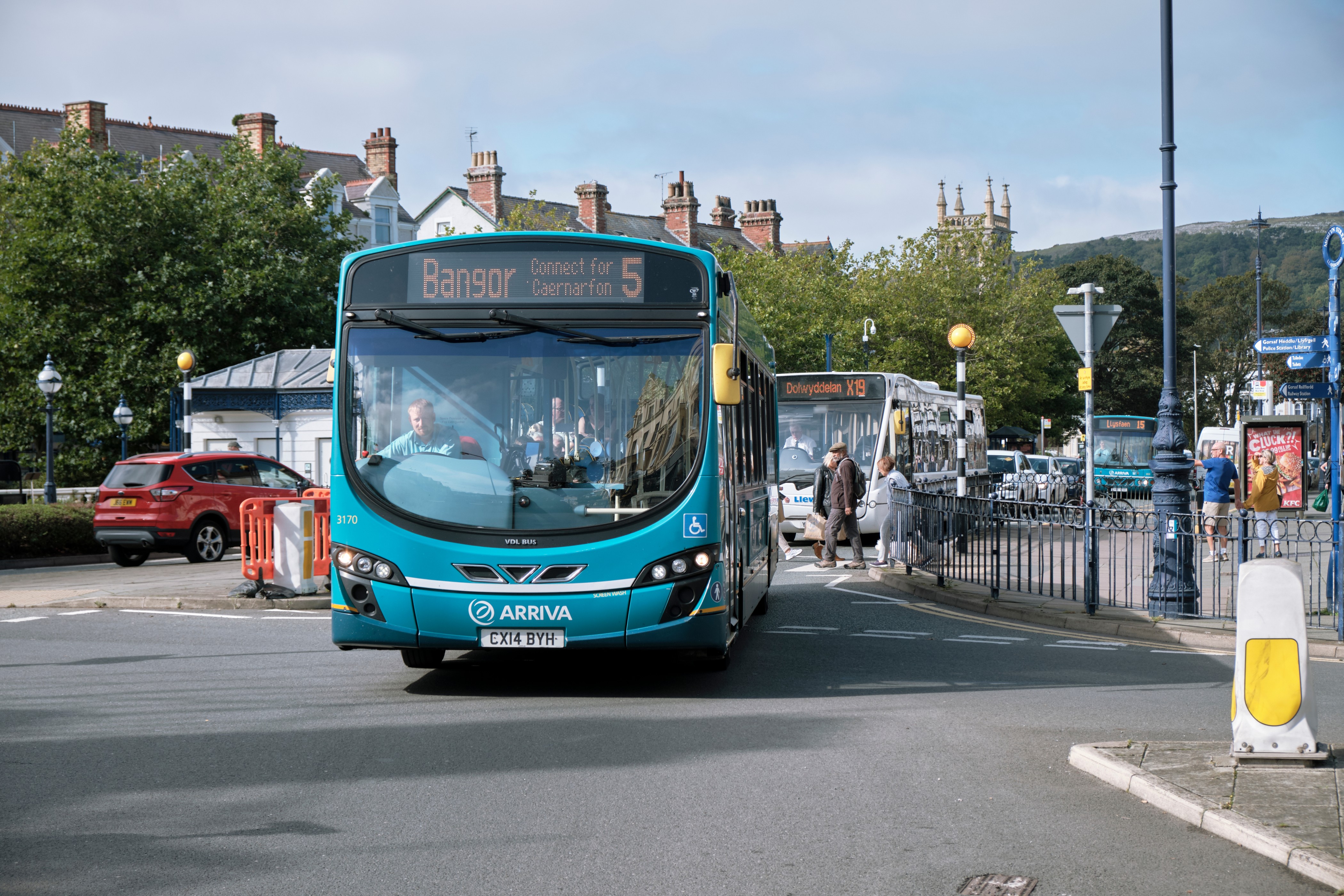 A bus leaving a bus station bound for Bangor in north Wales.
