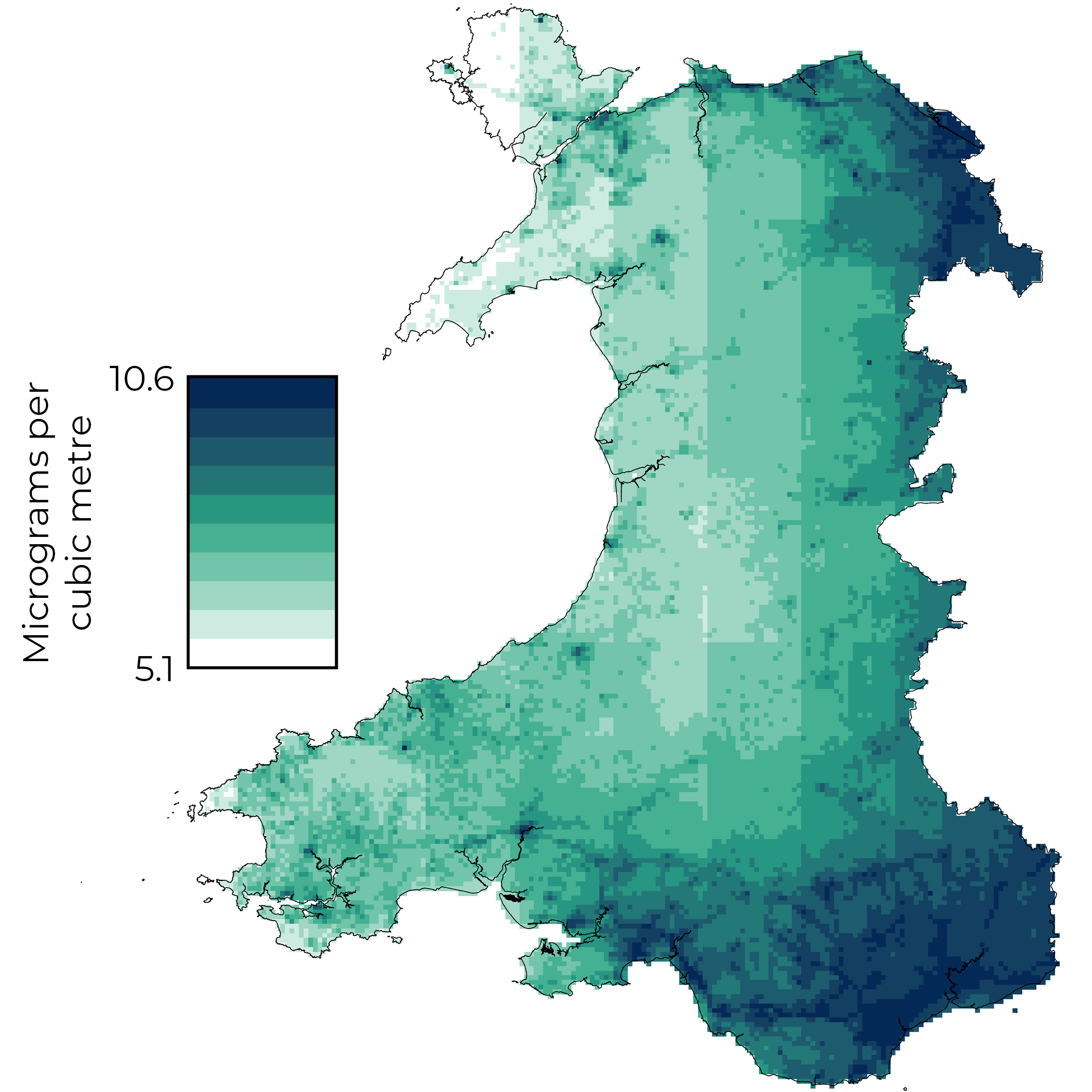 A map of Wales with colour scale showing the annual mean concentration of PM2.5 ranging from 5.1 to 10.6 micrograms per cubic metre. Similar to PM10, the lowest concentrations are in mid and north-west Wales and the highest are in south-east and north-east Wales as well as in urban areas and along major roads. In contrast to PM10, PM2.5 has a smoother distribution that changes more gradually over distance.