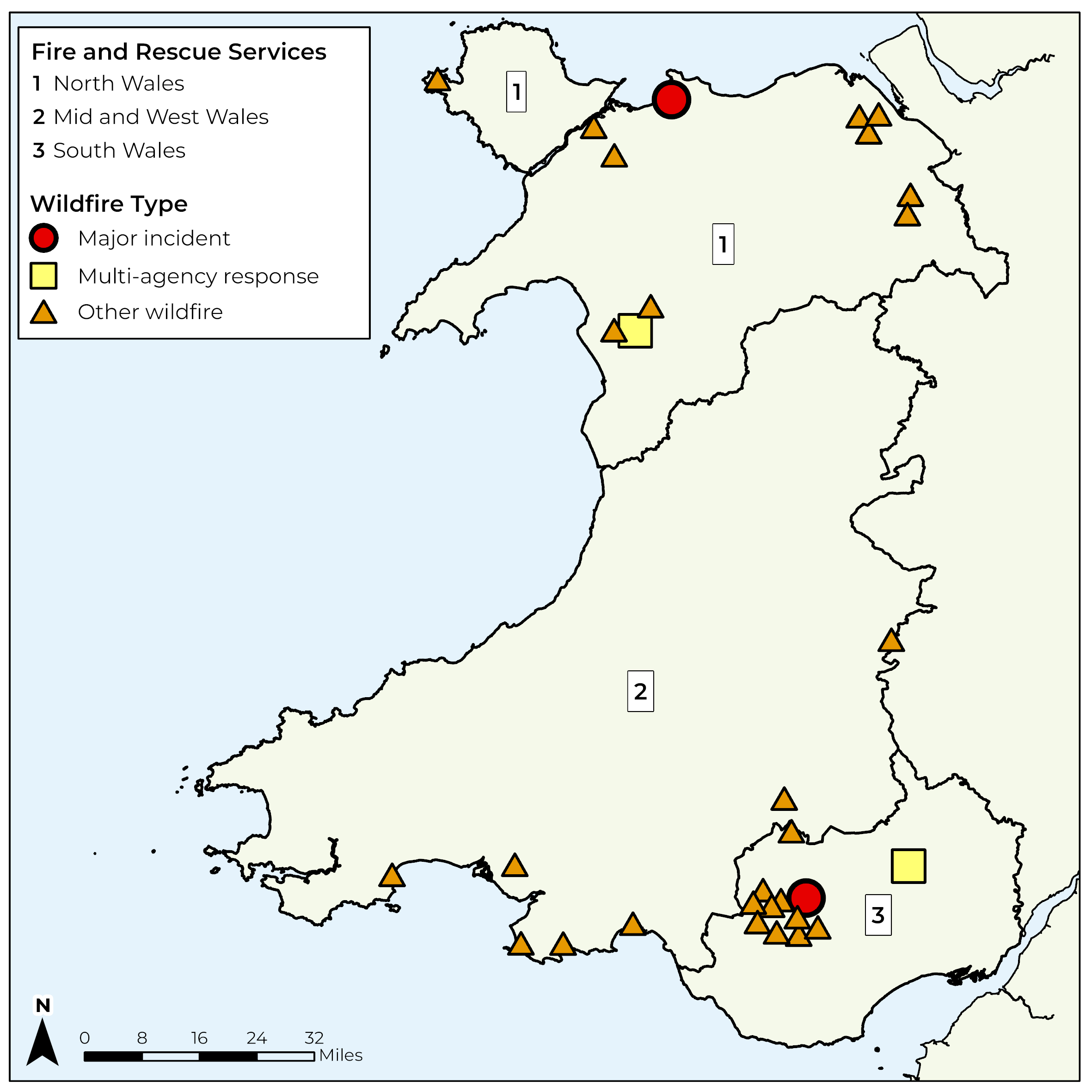 A map showing locations of reported wildfires across Wales up to the end of July 2026 and boundaries of three Fire and Rescue Service areas. Most fires occurred in northeast and northwest Wales.