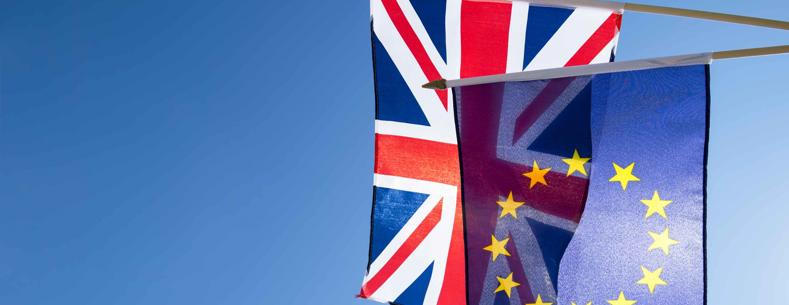 Image of the UK and the EU flag being held out against a blue sky.