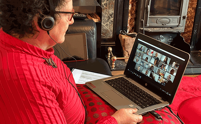 Image shows Elin Jones, previous Llywydd of the Senedd, leading the Senedd’s virtual plenary meeting using video conferencing software