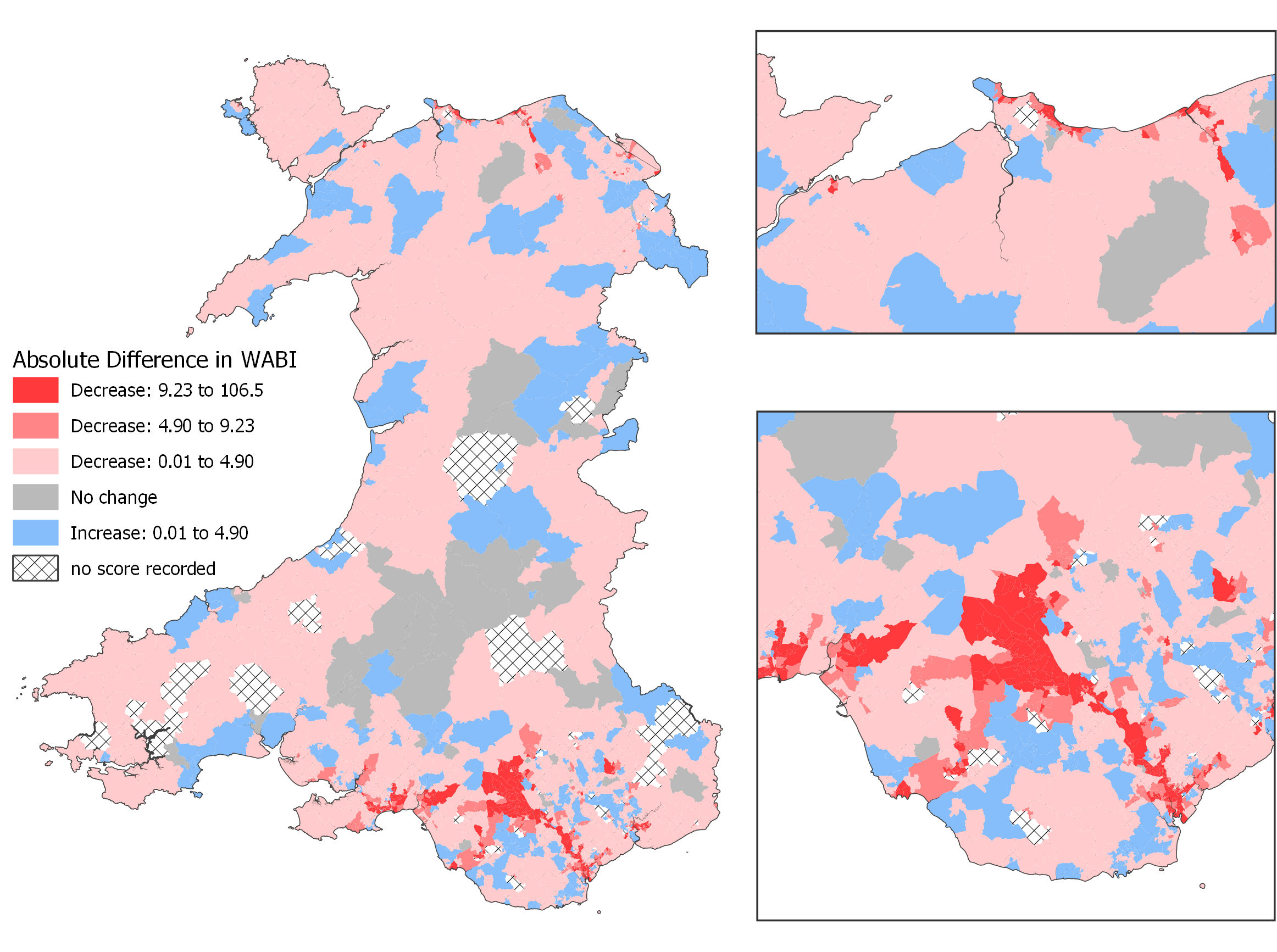 Two maps showing changes in the Welsh Access to Bus Indicator score for weekday services between August 2019 and August 2021. The top map shows the absolute score differences, the lower map the percentage change.