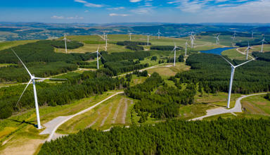 Cover image: A high angle landscape photograph of wind turbines and woodland on a hillside. 