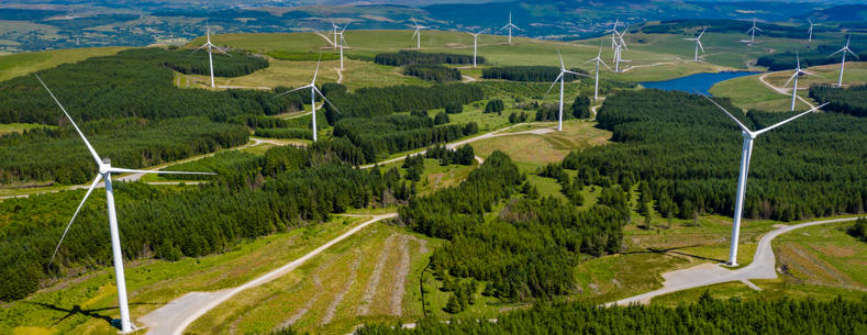 Cover image: A high angle landscape photograph of wind turbines and woodland on a hillside.