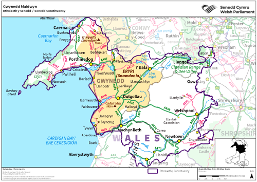 A map showing the Senedd constituency of Gwynedd Maldwyn.