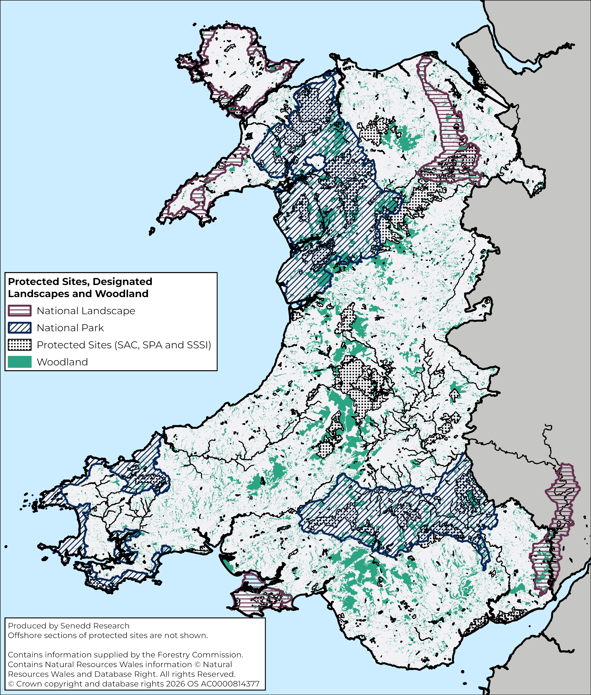 A map of Wales showing urban vs rural areas and types of land use including woodland, designated landscapes (National Parks and National Landscapes) and protected sites for nature.
