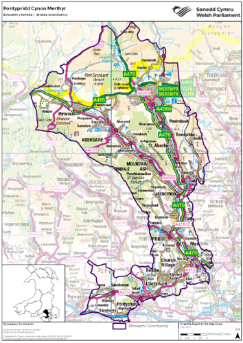 A map showing the Senedd constituency of Pontypridd Cynon Merthyr.