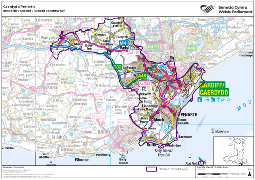 A map showing the Senedd constituency of Caerdydd Penarth