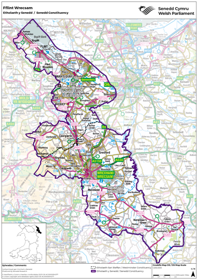 A map showing the new Senedd constituency of Fflint Wrecsam, a combination of the UK Parliament constituencies of Alyn and Deeside and Wrexham.