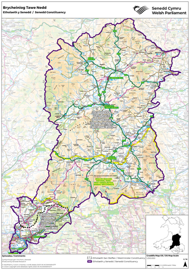 A map showing the new Senedd constituency of Brycheiniog Tawe Nedd, a combination of the UK Parliament constituencies of  Brecon, Radnor and Cwm Tawe and Neath and Swansea East.