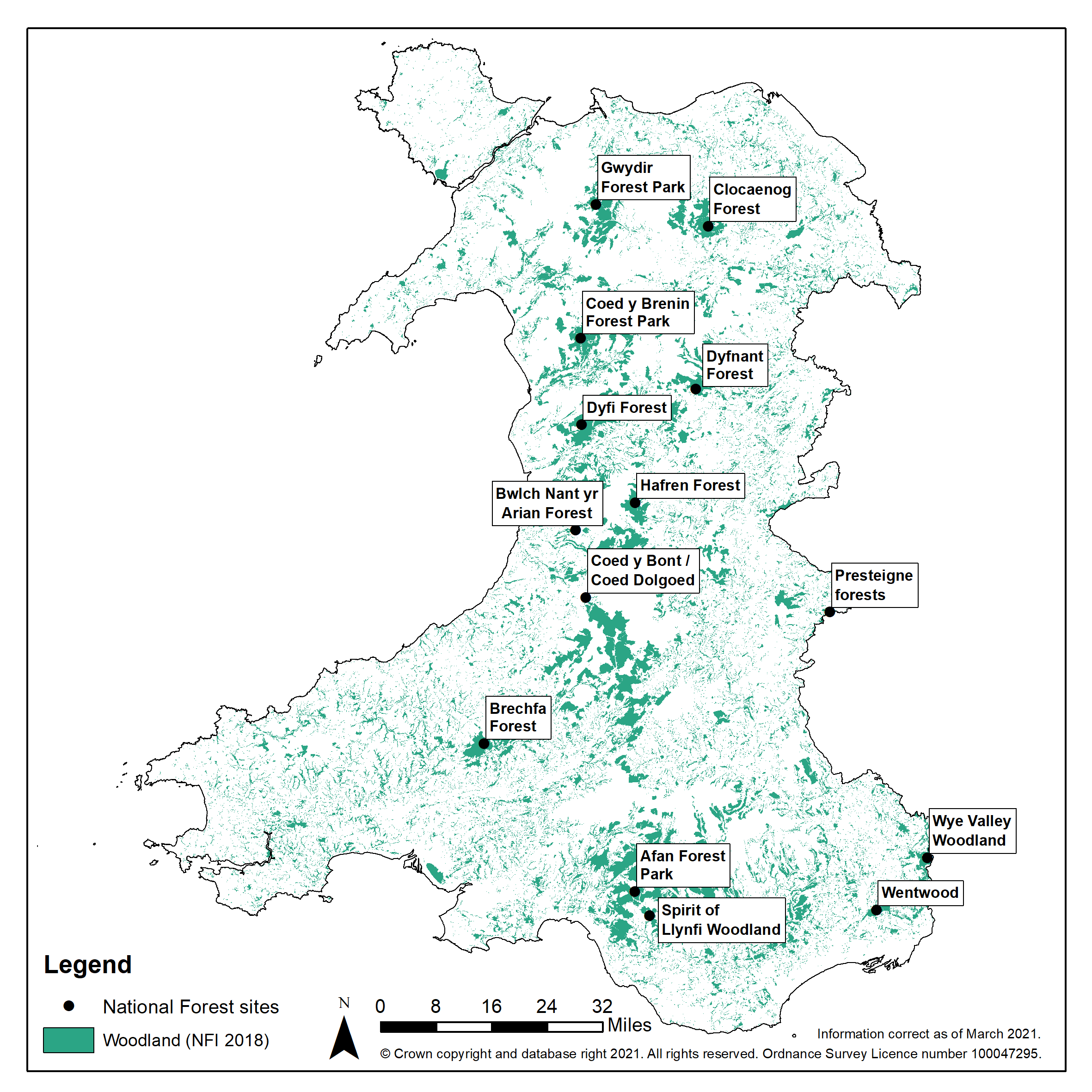 Map of Wales showing the areas covered by woodland as well as the first 14 sites that have been selected to form the National Forest.