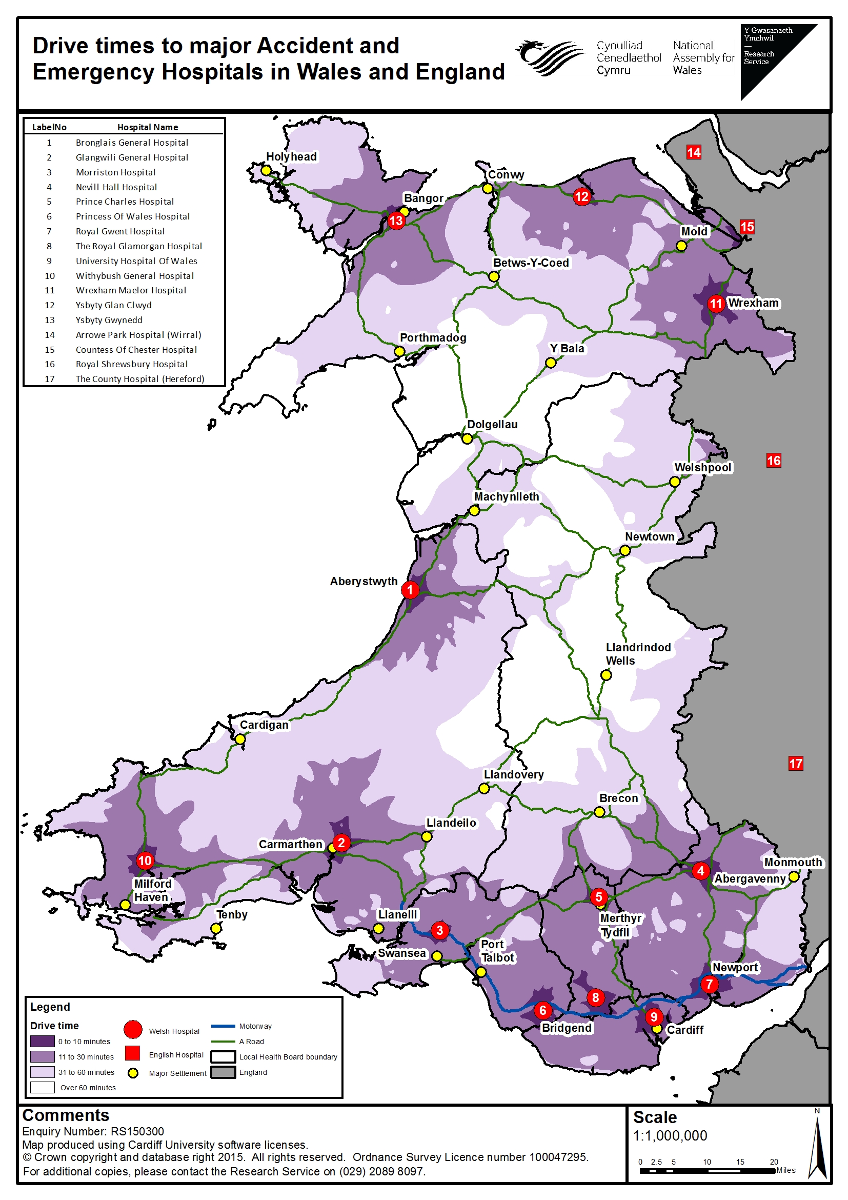 Map showing drive time to major A&E hospitals in Wales and England
