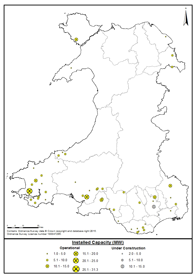 Solar farms operating in Wales (October 2015). 