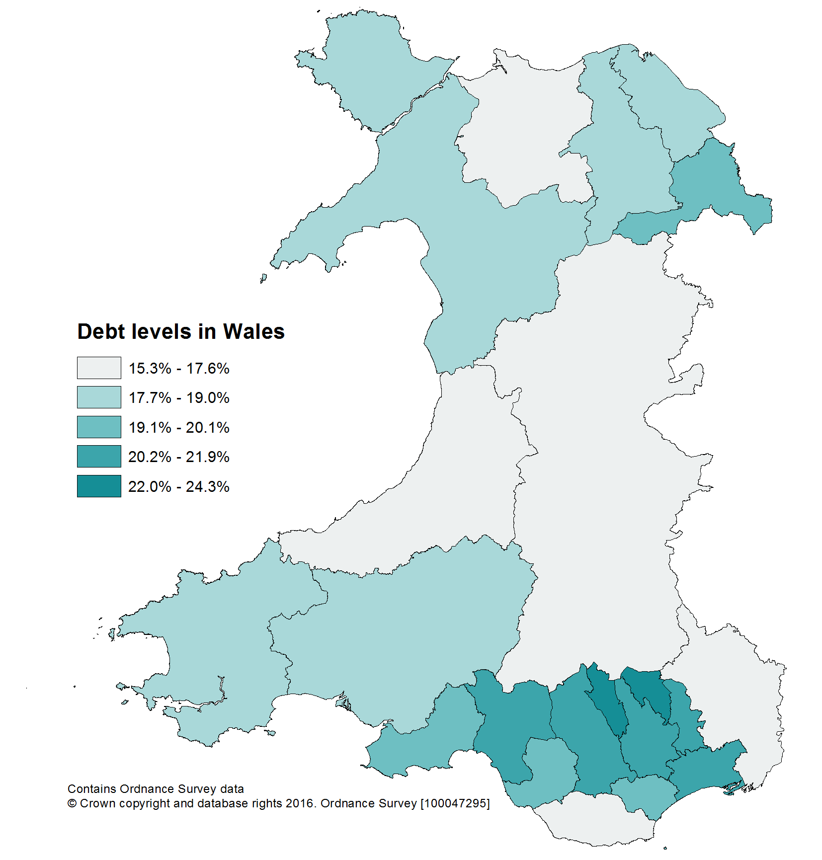 Map showing debt levels in Wales.