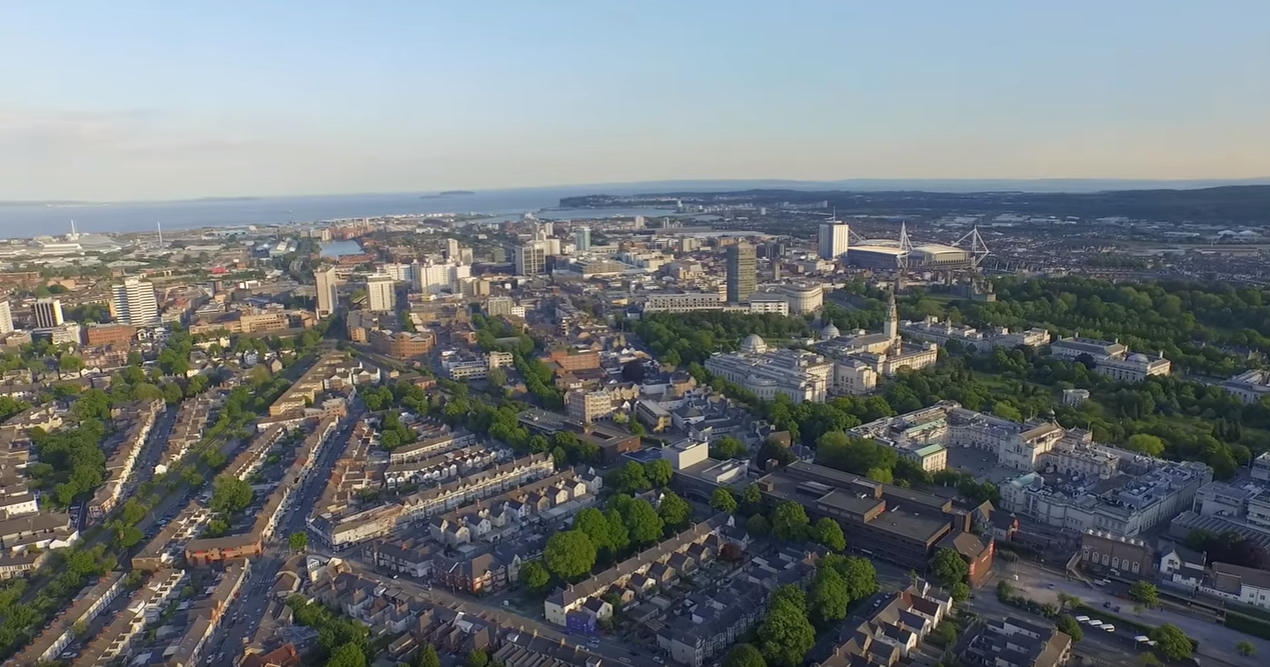 An aerial photograph of Cardiff city centre