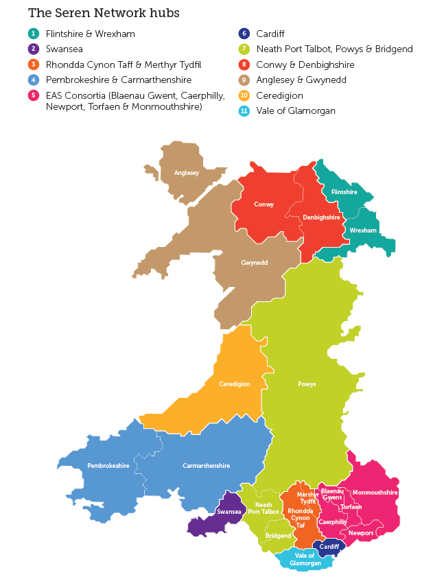 This is a picture of a map of Wales showing the location of the eleven Seren Network Hubs.